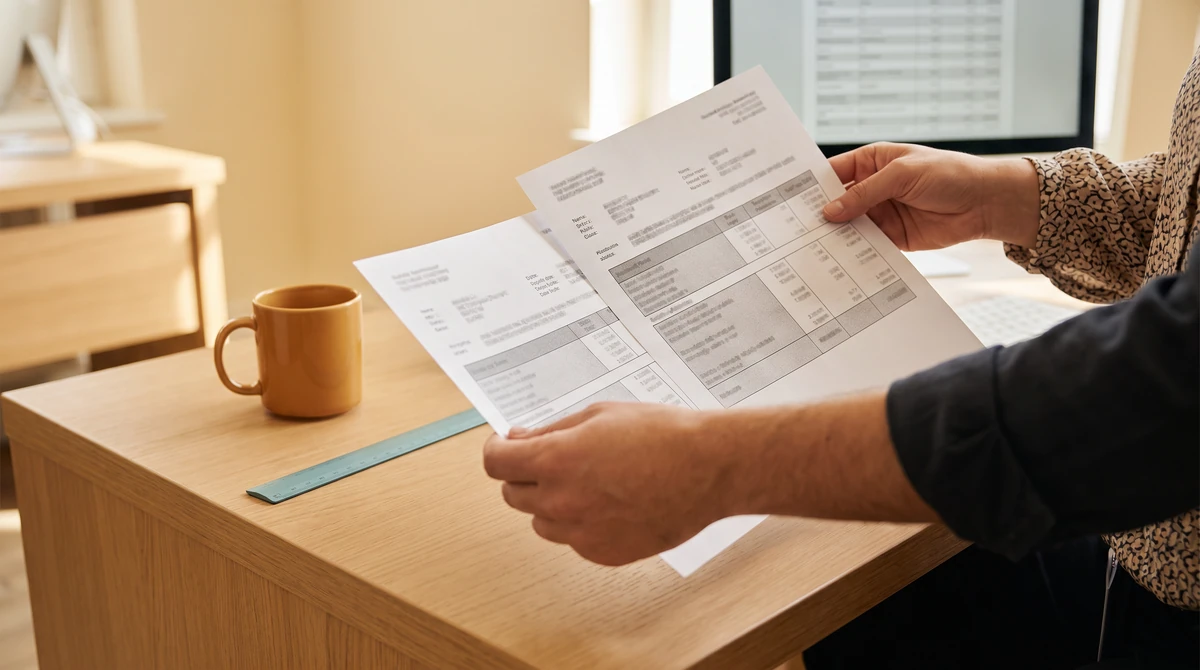 Two reviewers aligning two printed pages to compare a single line across both