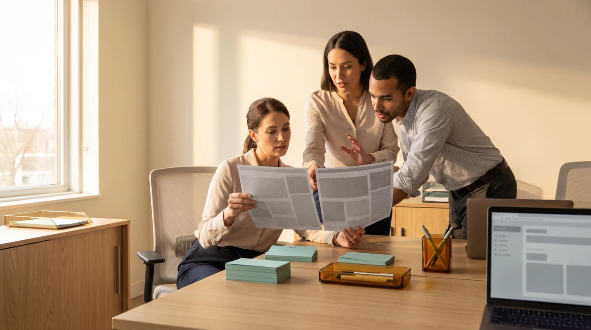 Three linguists comparing two printed term sheets held side by side