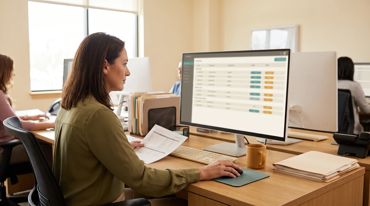 A reviewer working a review queue with a printed guide open beside the keyboard