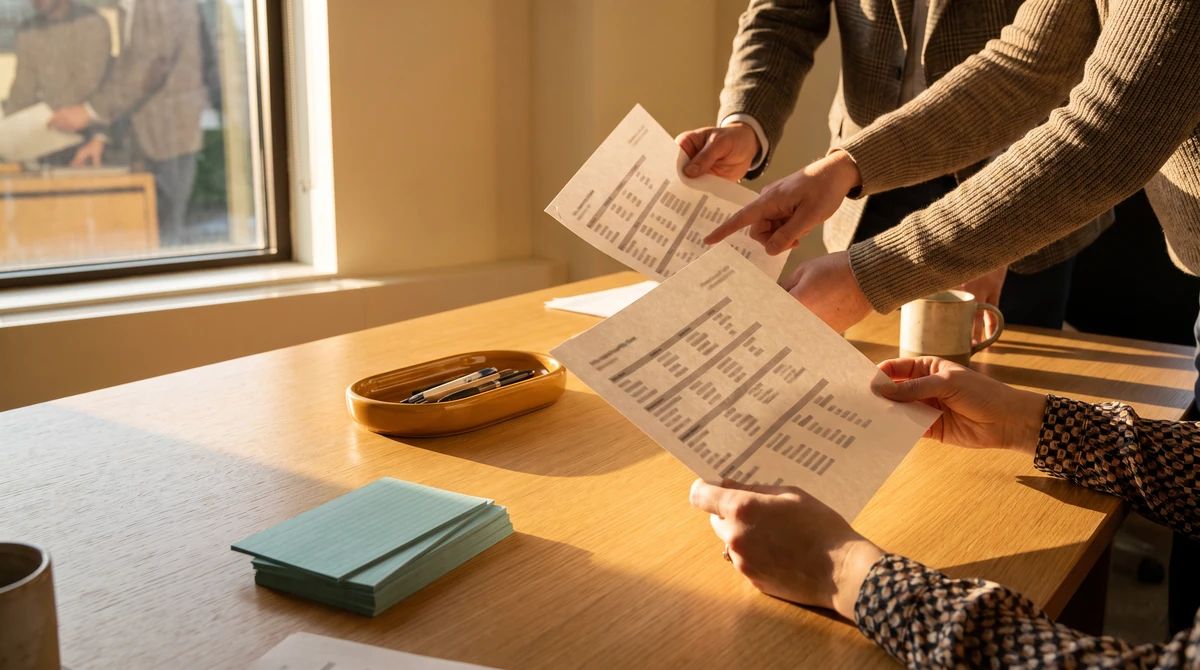 Three linguists comparing two printed term sheets held side by side