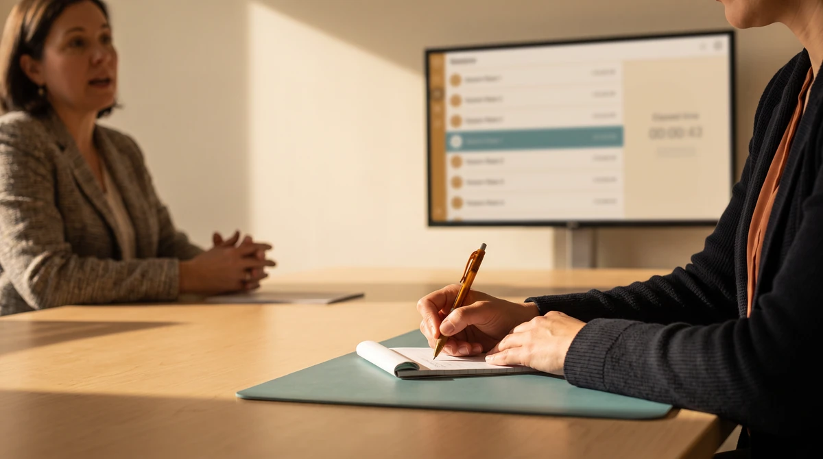 An interpreter listening and writing a short note while the other party speaks