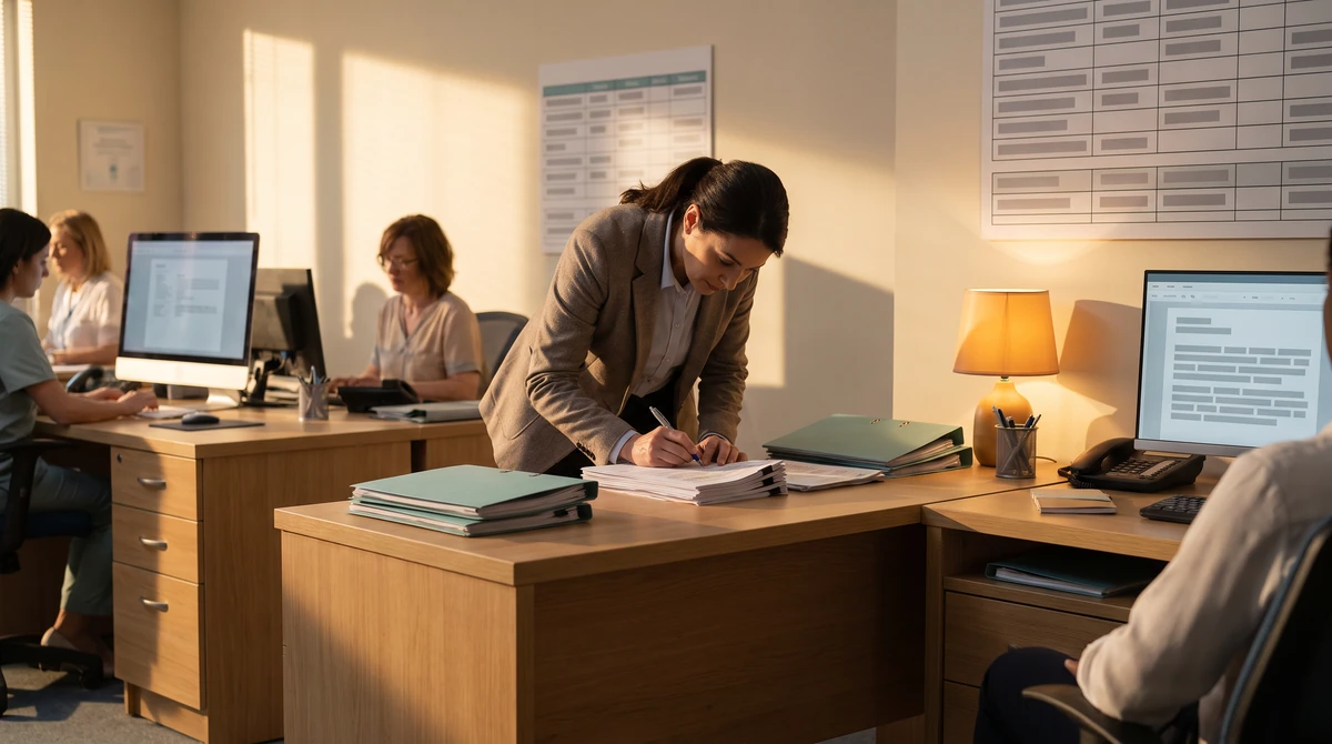 A translator marking one clause on a stapled document set