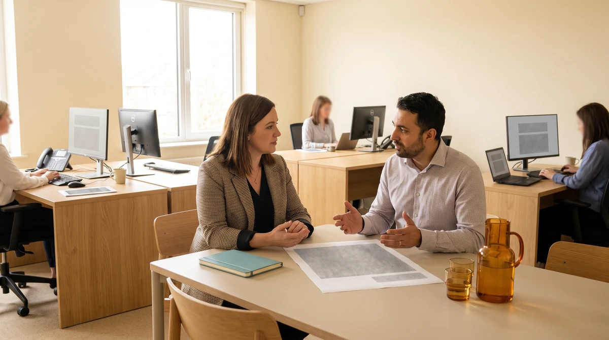 A program manager and a client talking through what happens next over a plain printed outline