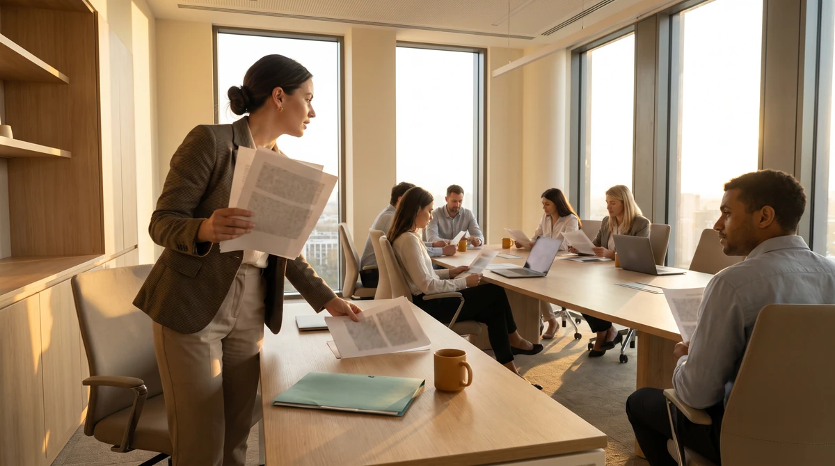 A coordinator crossing the floor with printed pages, stopping mid-sentence at a desk