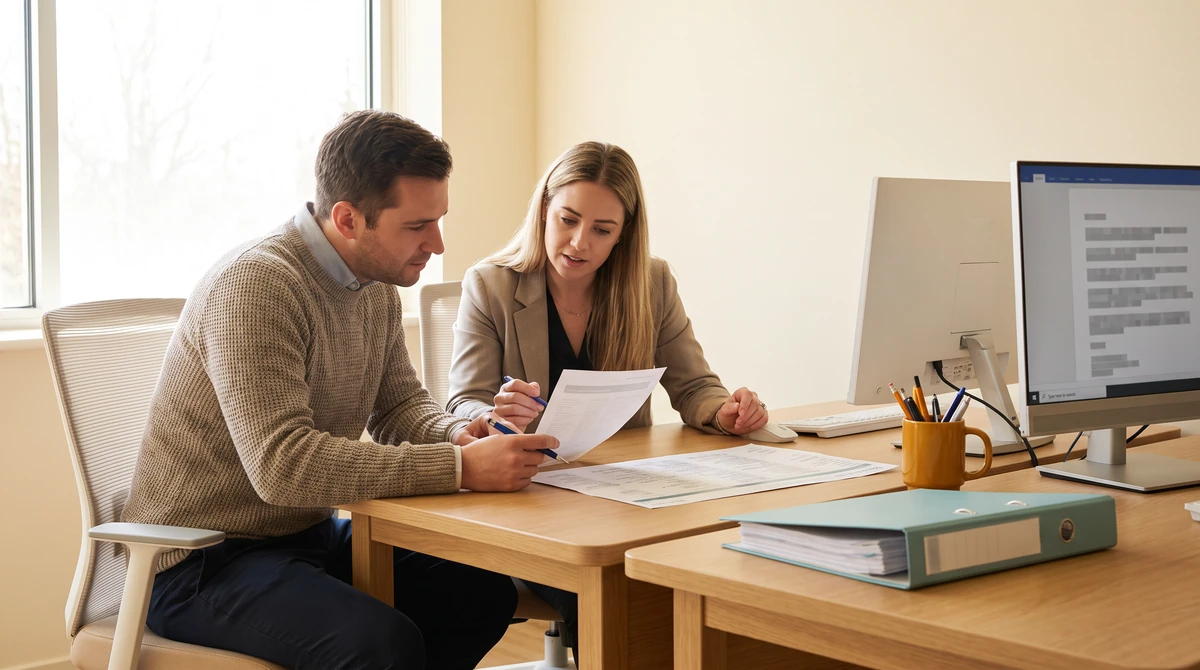 A linguist and a reviewer cross-checking a printed document against a terminology reference sheet