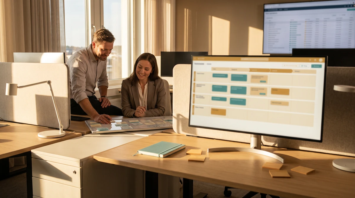 A project manager and a seated colleague reviewing parallel language lanes and their status on one board