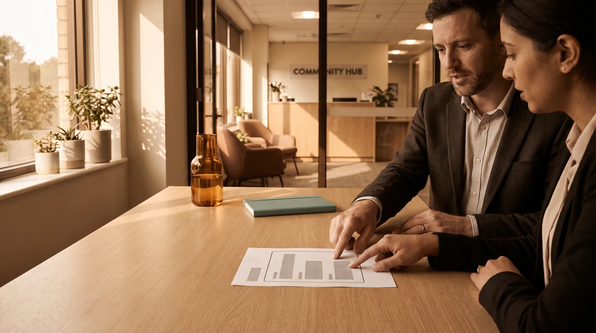 A program manager and a client talking through what happens next over a plain printed outline