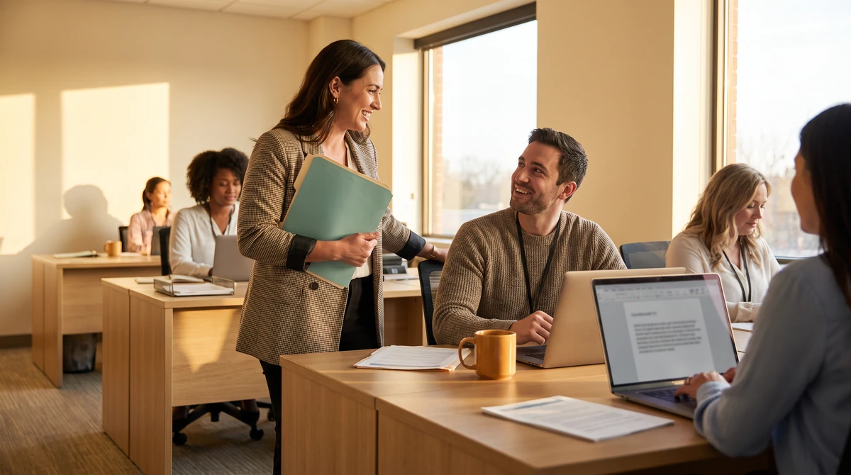 A program manager carrying a file across the working area and pausing to speak with a seated colleague