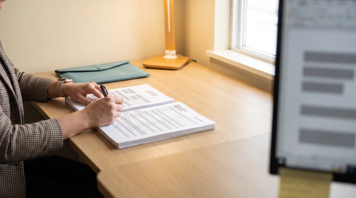 A linguist squaring two printed sets and annotating the margin beside one row