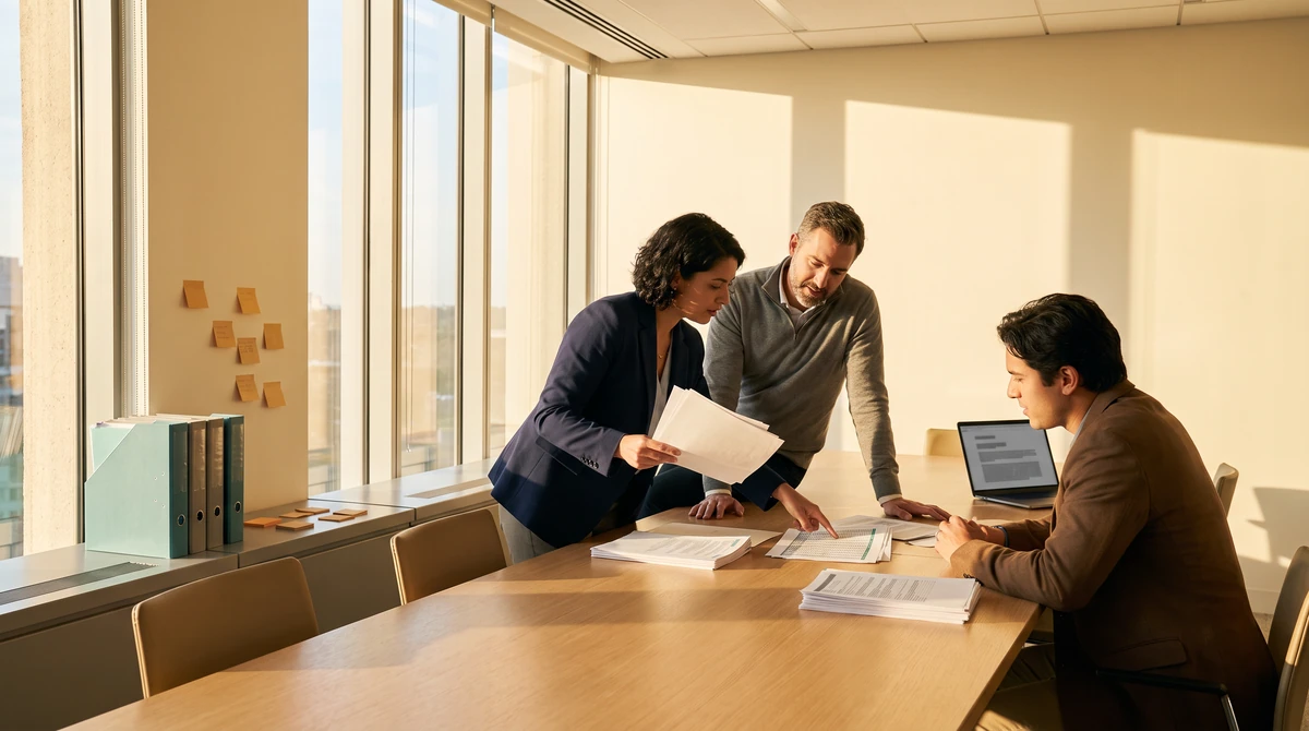 Three linguists agreeing who takes which file, one holding pages and pointing at a row