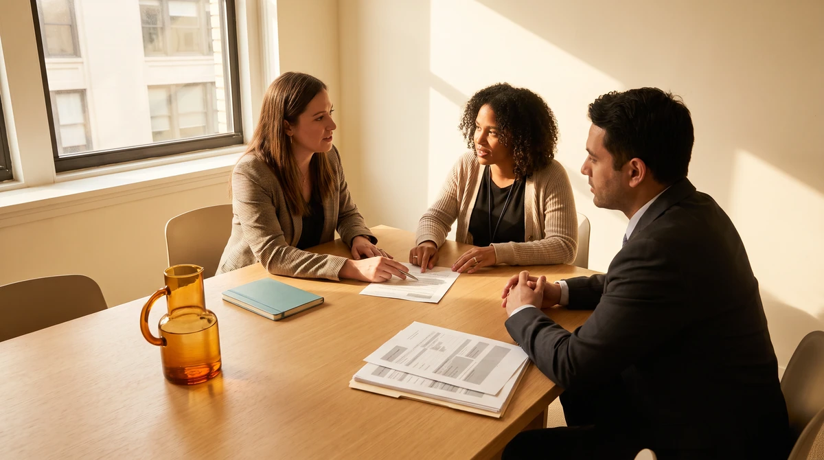 A program manager and a caseworker walking a client through how the work runs, gesturing lightly at the page