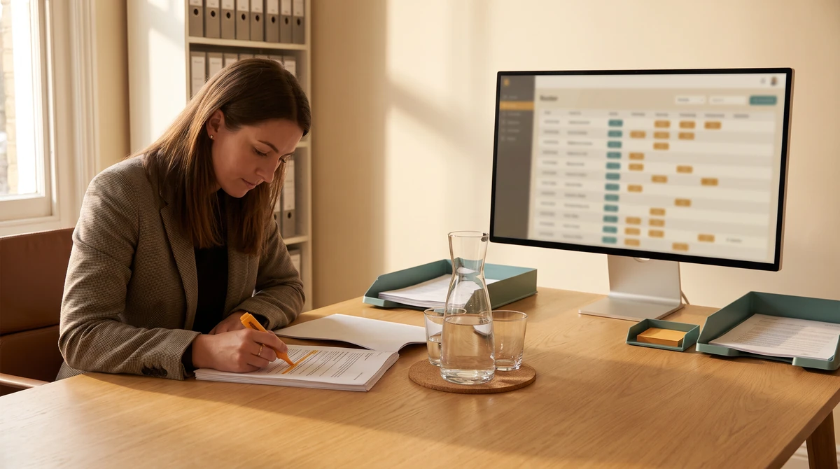 A sourcing specialist marking a name on a printed shortlist while the roster sits alongside