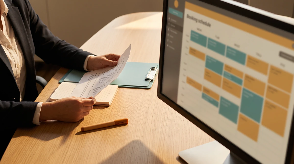 A scheduling coordinator checking a printed request against the week before confirming a session