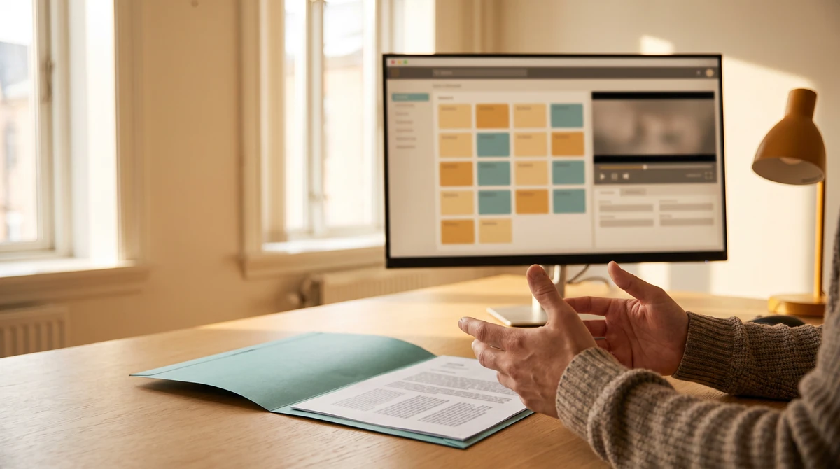 A captioning specialist checking timed caption rows against the video preview with a printed script beside