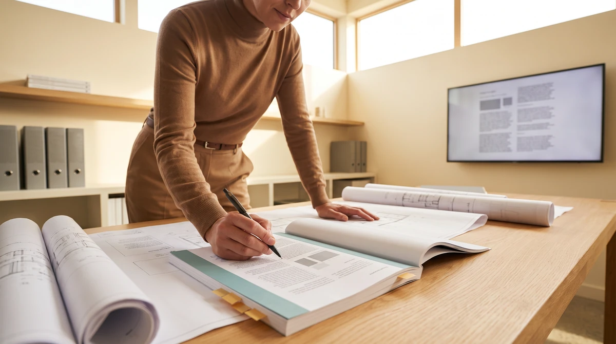 A reviewer a pen resting mid-line on a printed page, the other hand steadying it