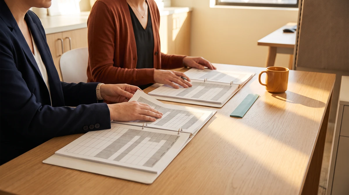 Two reviewers following a row across a printed grid and its translated counterpart
