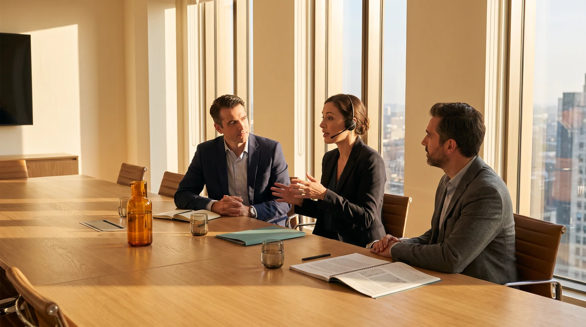 An interpreter with two seated participants mid-sentence, relaying between two seated participants who face each other