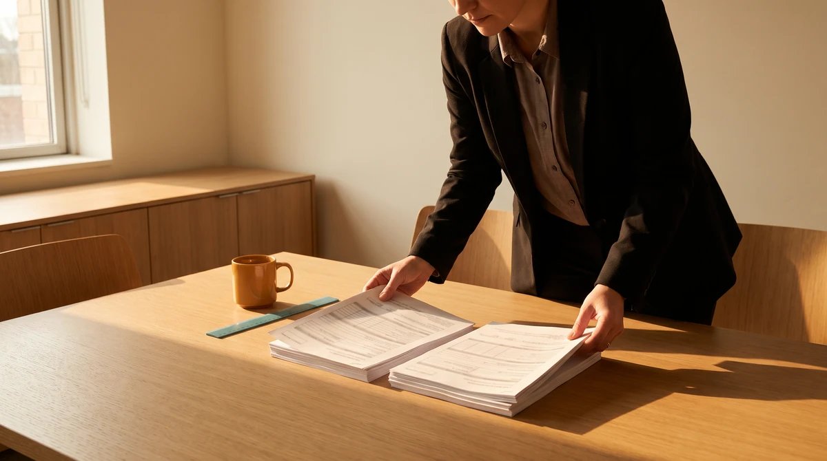 A reviewer aligning two printed pages to compare a single line across both