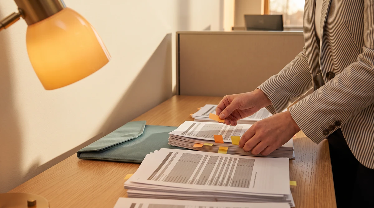 A linguist working through a printed bundle, tabbing pages with small plain colour flags