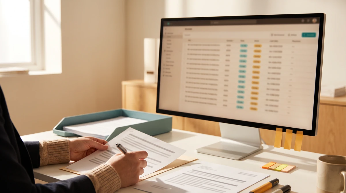 A sourcing specialist marking a name on a printed shortlist while the roster sits alongside