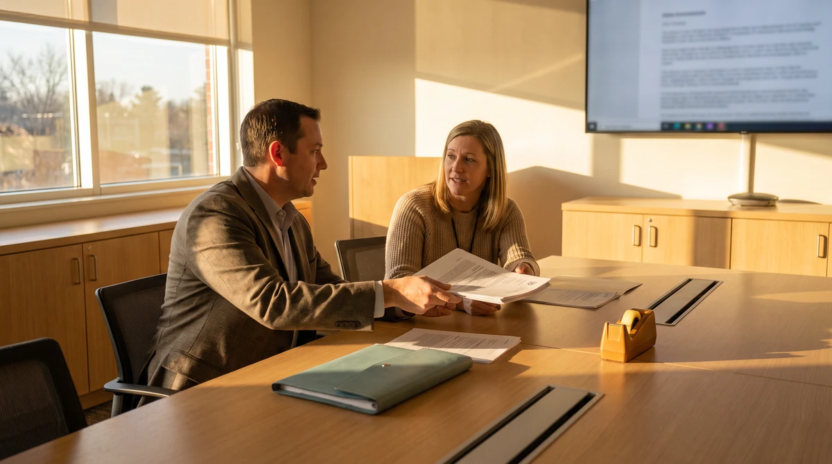 A project manager and a linguist handing a stapled set across the desk mid-explanation