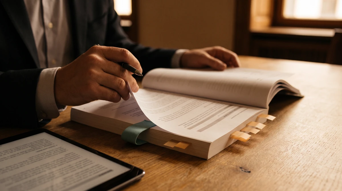 A reviewer turning a page while the pen tracks the line just read