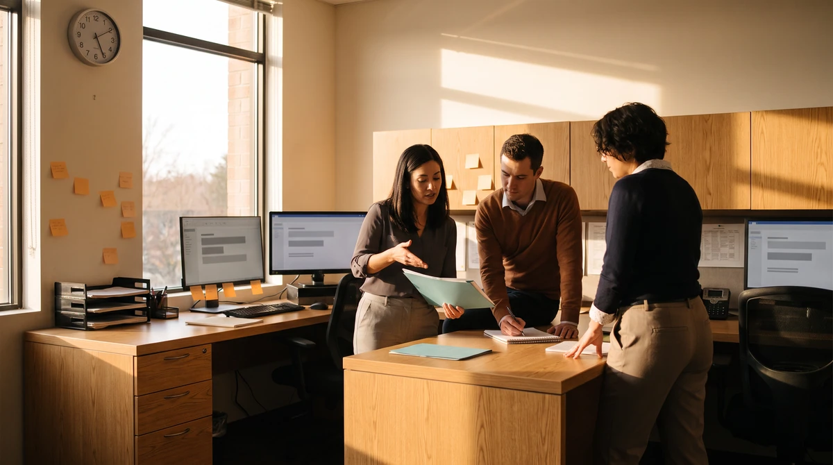 Three colleagues in a short handoff briefing, one writing in a notebook while another explains