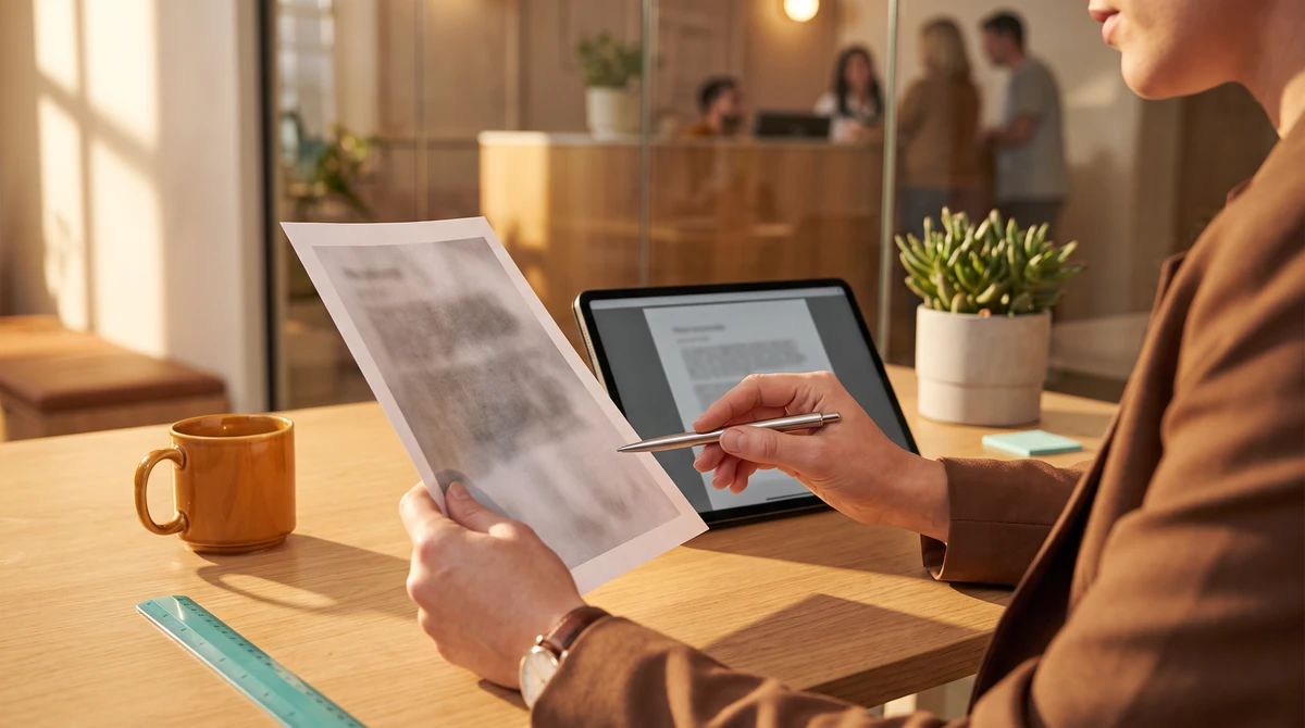 A reviewer checking a printed record line by line against its translation