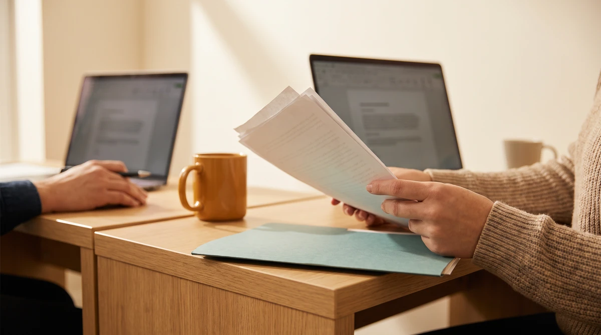 A coordinator crossing the floor with printed pages, stopping mid-sentence at a desk