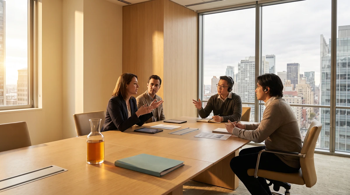 An interpreter with two seated participants seated slightly aside from two participants, relaying as one of them speaks