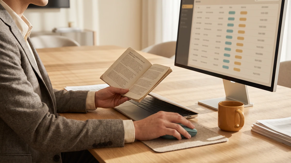A reviewer working a review queue with a printed guide open beside the keyboard