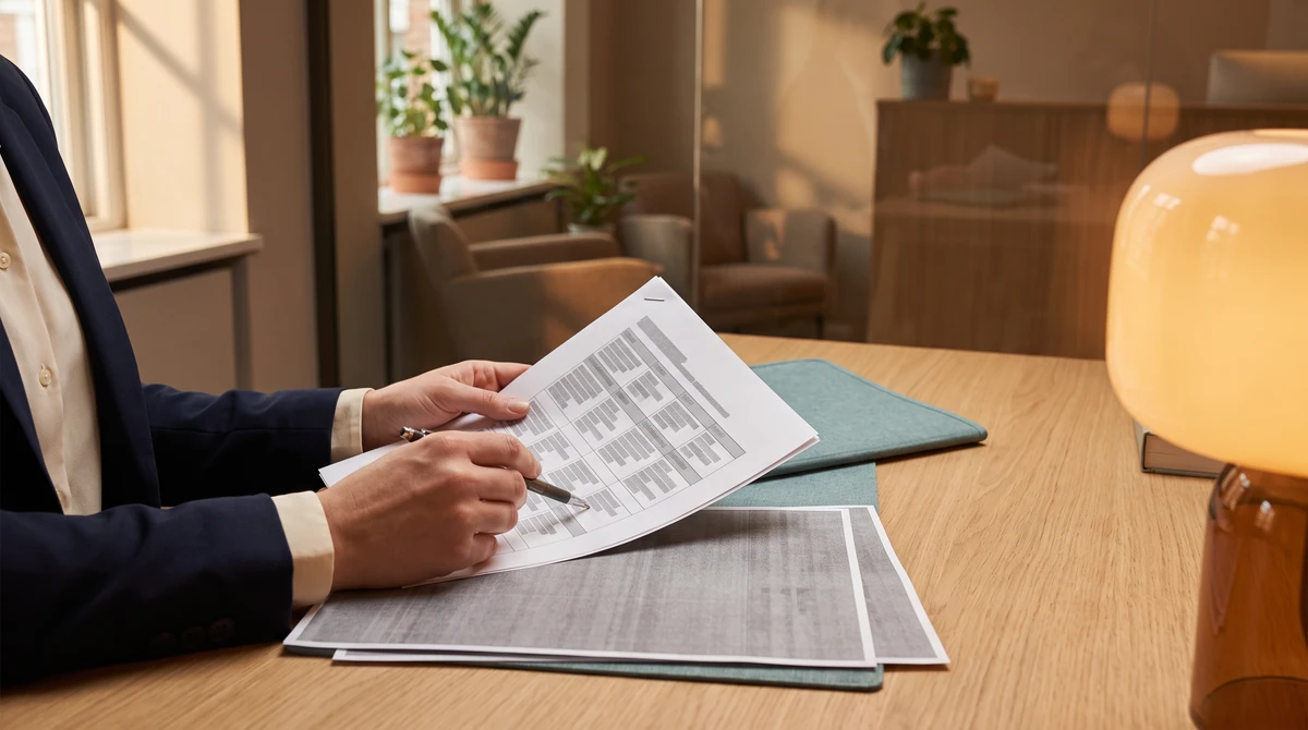 A translator marking one clause on a stapled document set