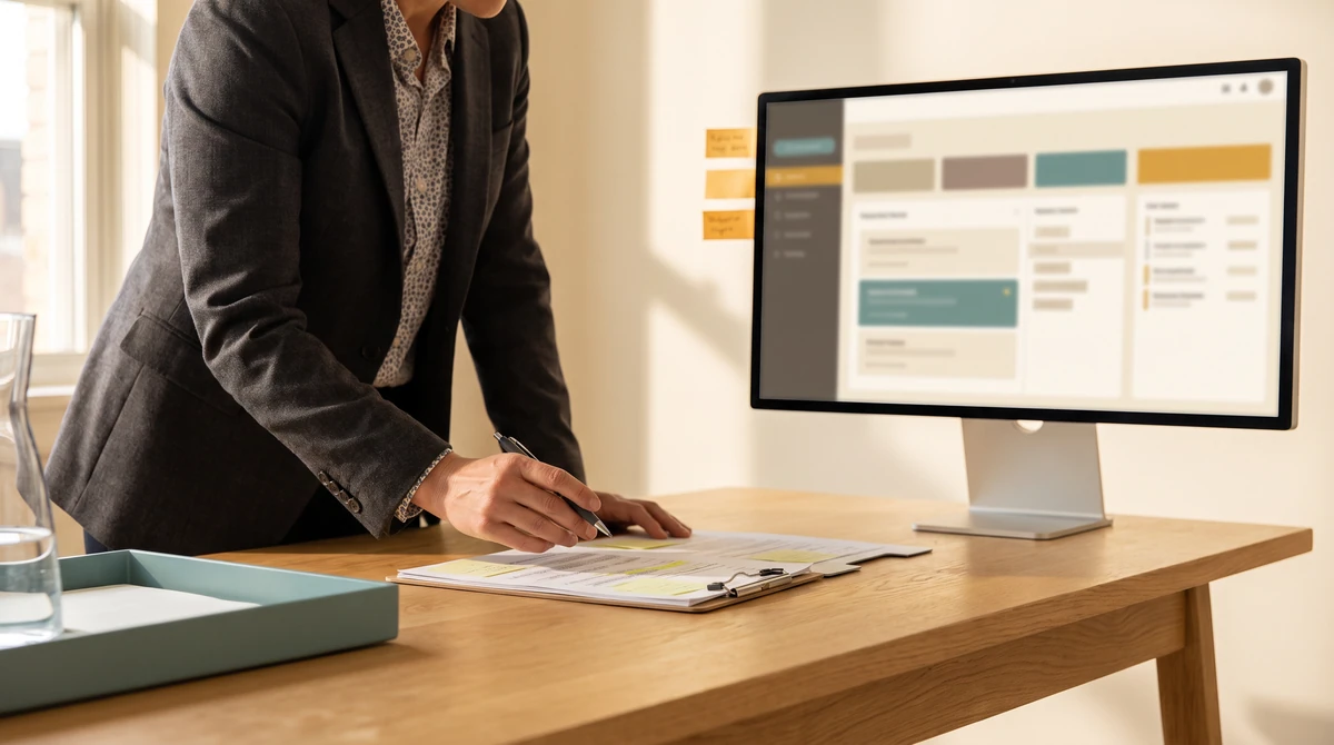 A sourcing specialist checking bench availability against a printed shortlist before committing