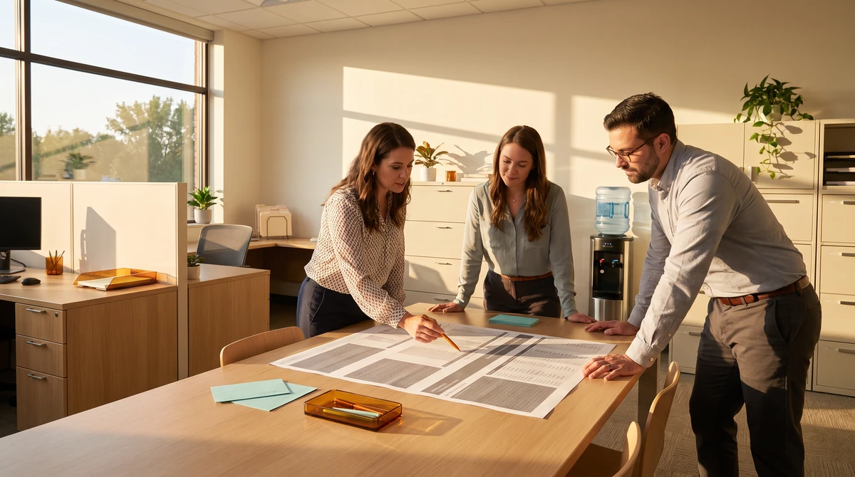 Three linguists standing over printed term sheets, agreeing a shared term