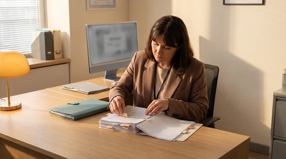 A reviewer working through a printed bundle, tabbing pages with small plain colour flags