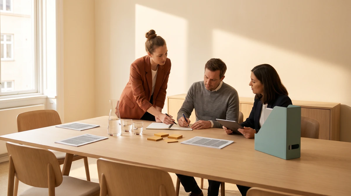 Three linguists in a short handoff briefing, one writing in a notebook while another explains