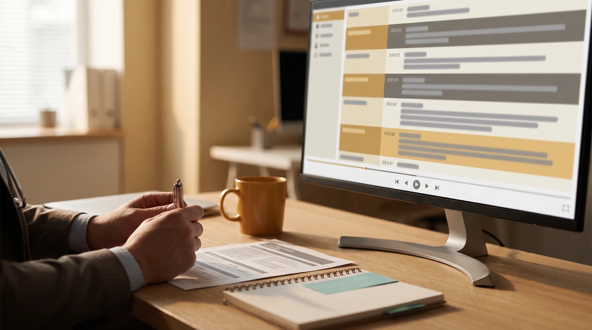 A transcript reviewer working through timestamped speaker turns with a printed guide beside