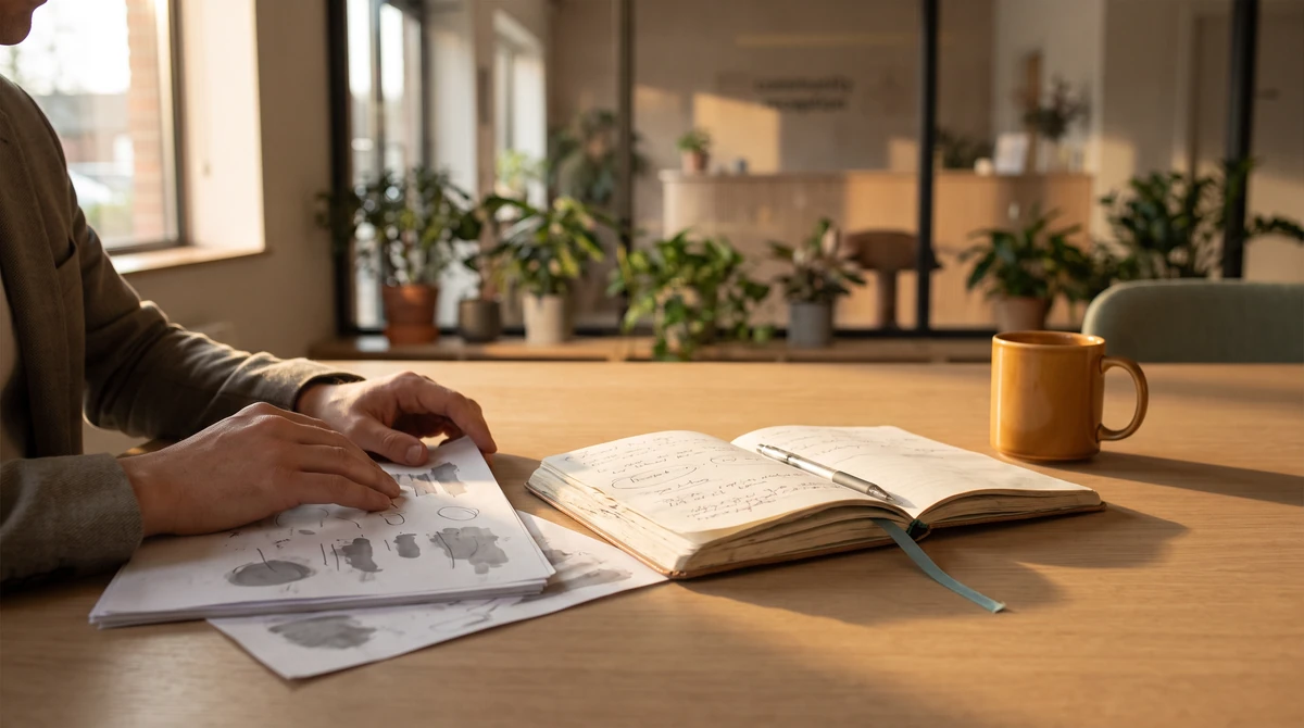A writer an open notebook beside a marked-up printed draft, a pen resting across the page