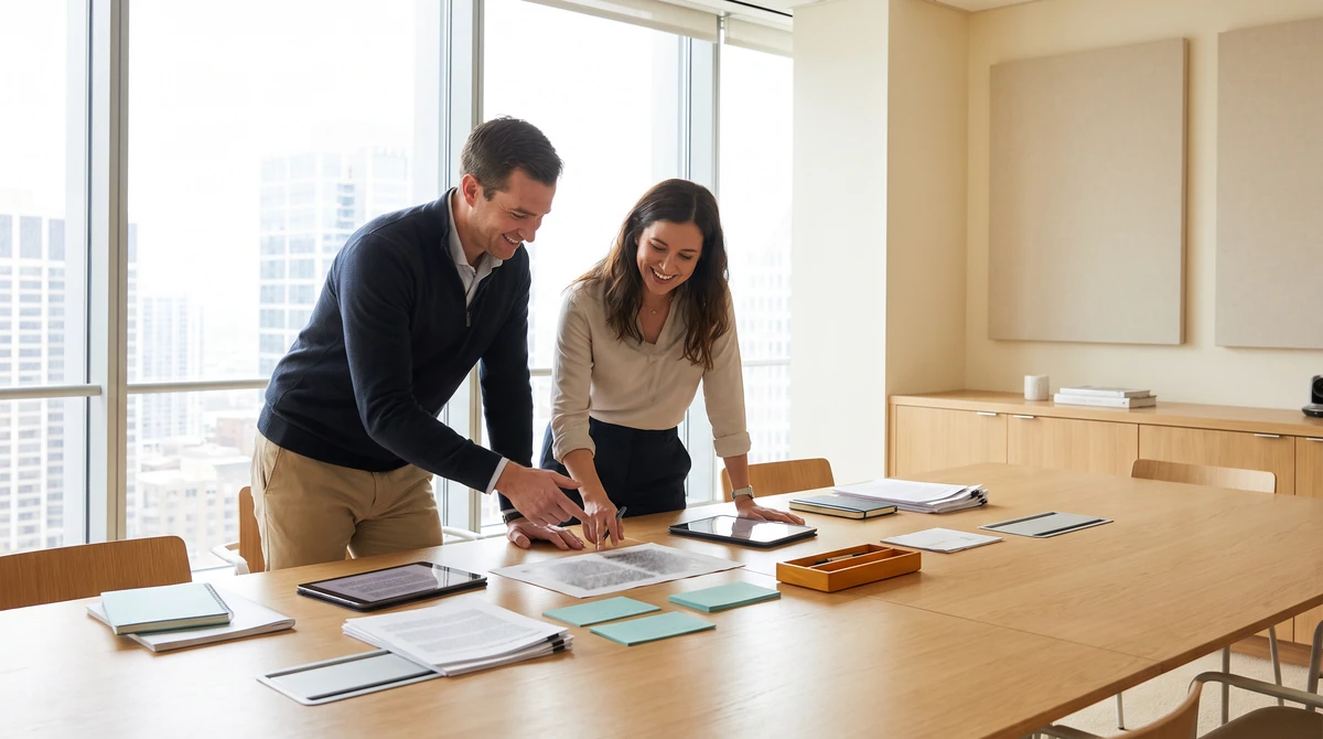 Two linguists standing over printed term sheets, agreeing a shared term