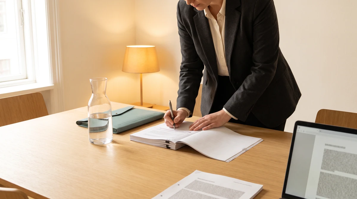 A reviewer marking one clause on a stapled document set