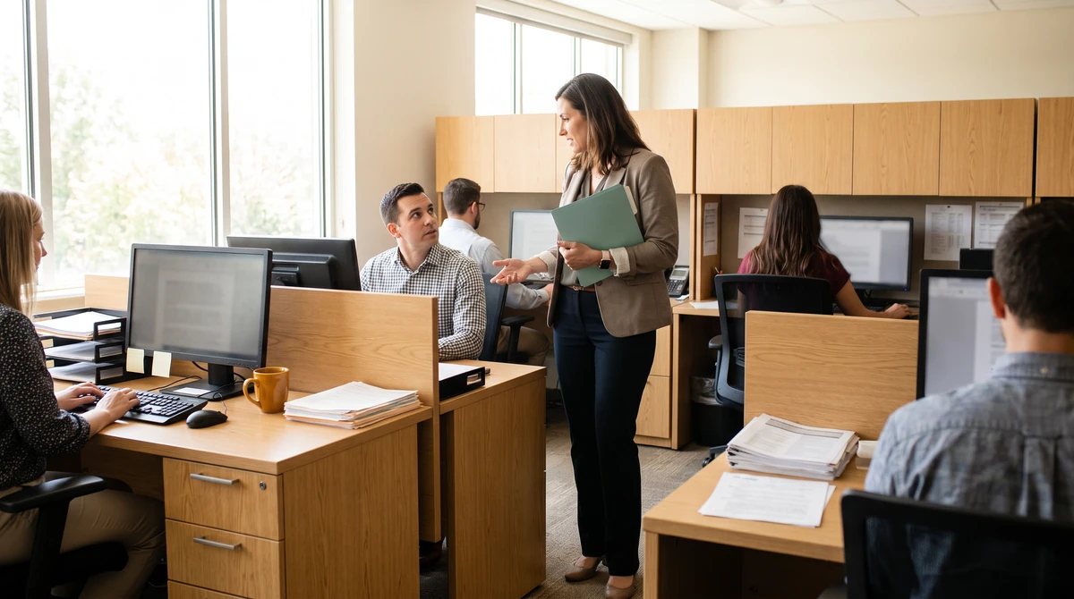 A program manager carrying a file across the working area and pausing to speak with a seated colleague