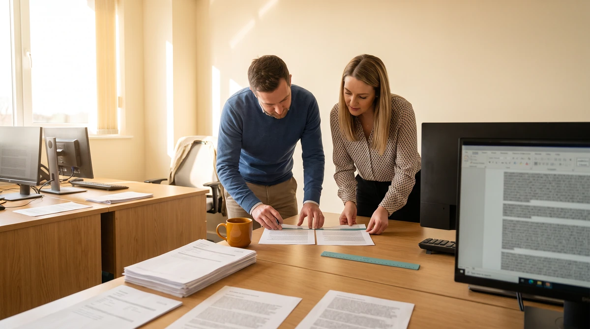 Two reviewers aligning two printed pages to compare a single line across both
