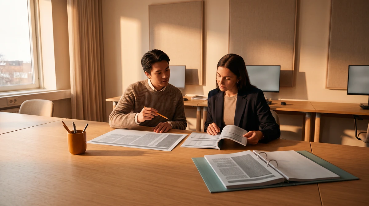 A linguist and a reviewer cross-checking a printed document against a terminology reference sheet