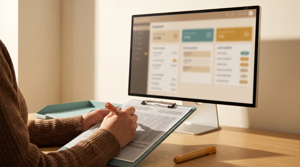 A scheduling coordinator annotating a printed request sheet beside the booking view