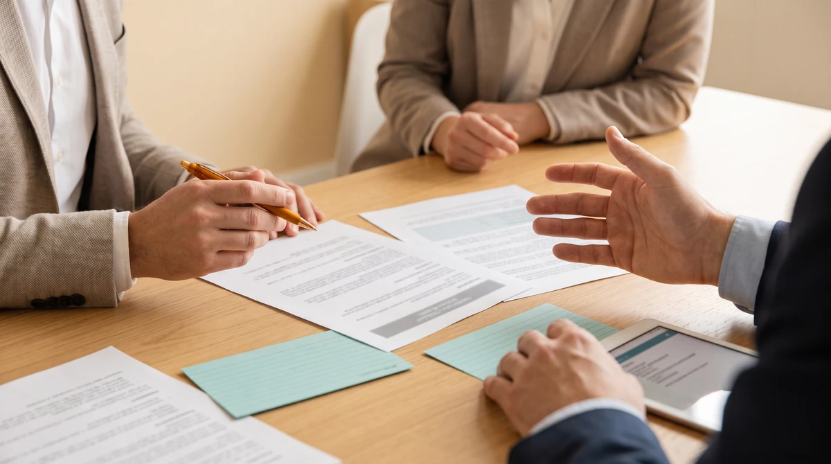 Two linguists standing over printed term sheets, agreeing a shared term