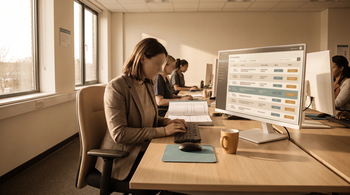 A reviewer working a review queue with a printed guide open beside the keyboard