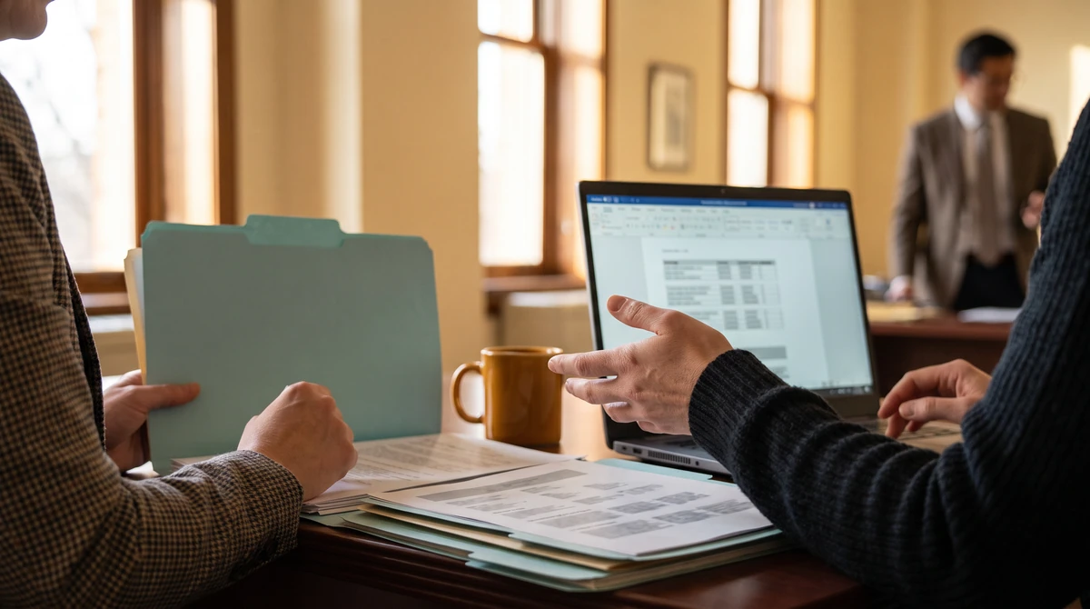 A program manager carrying a file across the working area and pausing to speak with a seated colleague