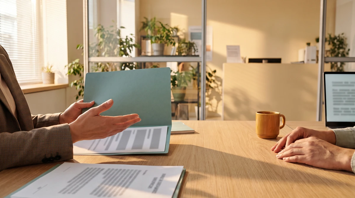 A program manager carrying a file across the working area and pausing to speak with a seated colleague