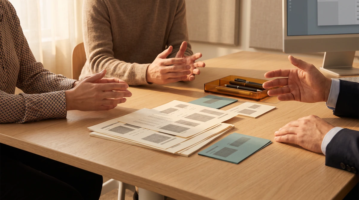 Three linguists standing over printed term sheets, agreeing a shared term