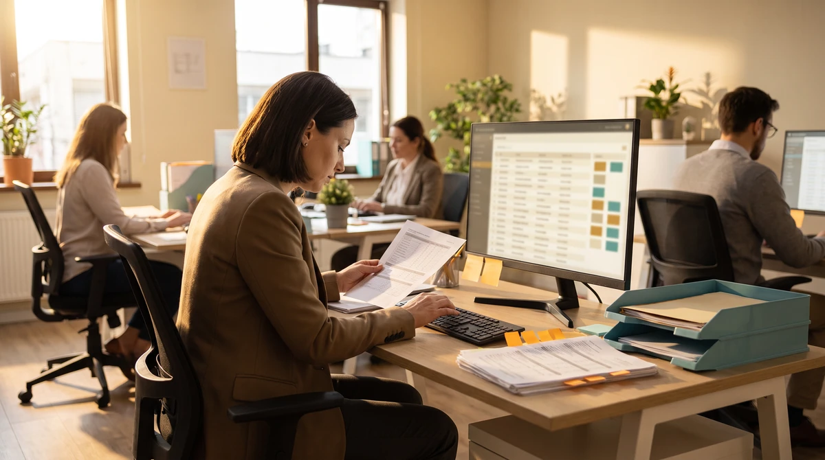 A sourcing specialist checking bench availability against a printed shortlist before committing